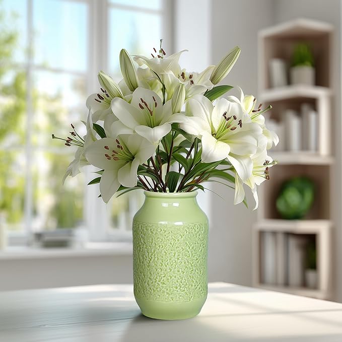 Green Ceramic Vase for Flowers, 9 inch Decorative Vase for Pampas Grass, Modern Texture Vases for Home Decor, Table Shelf Living Room Kitchen Living Room Decor