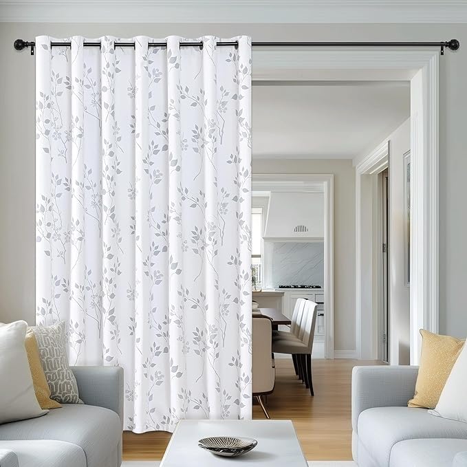 Beauoop Floral 100% Blackout Curtains 84 Inch Length 1 Panel for Patio Sliding Door Extra Wide Grey White Flower Patterned Divider Room Darkening Thermal Soundproof Grommet Window Drapes,100x84, 1 set