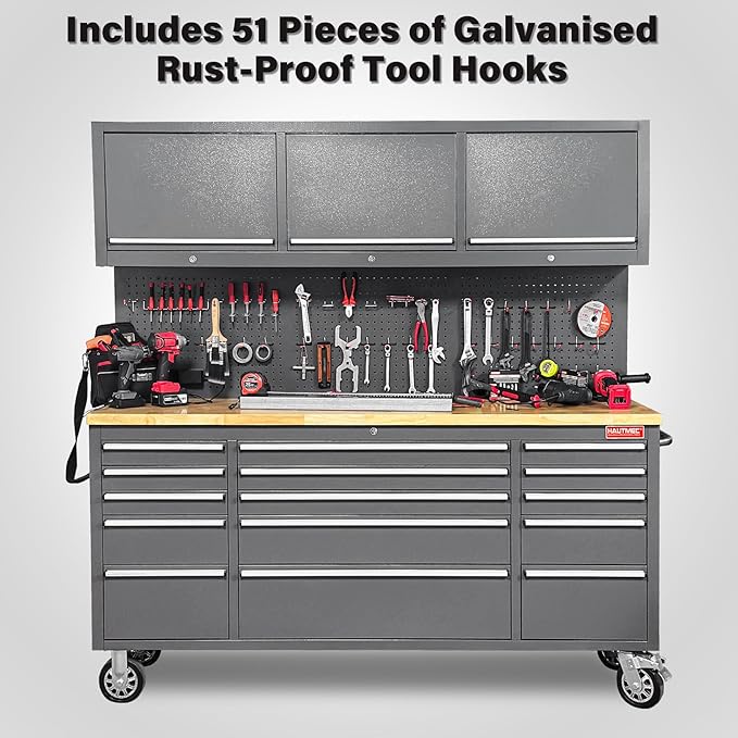 HAUTMEC 72" Rolling Tool Chest, Mobile Garage Workbench, Heavy-Duty Tool Cabinet on Wheels with 15 Drawers, 3 Upper Cabinets, Pegboard & 51 Hooks, Oak Work Surface & Power Strip – HT0428