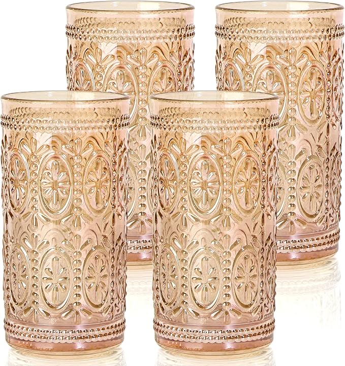 abrwyy Amber Glassware set of 4 Vintage Drinking Glasses, 12oz Amber Heavy Duty Glass Cups, Old Fashioned Glass, Highball Glasses Set for Party Wedding Home Office Glassesware Gift
