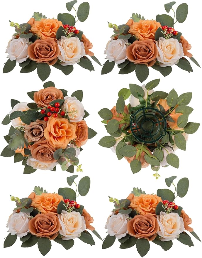 BLOSMON Terracotta Flowers for Wedding Decorations: 6 Pcs Artificial Rose Flower Balls for Table Centerpieces - Fall Fake Silk Kissing Floral Arrangements for Home Party Event DIY Decor