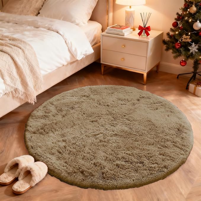 OLANLY Taupe Round Rugs for Bedroom - Machine Washable, 4 ft Circle Area Rugs for Living Room, Soft and Fluffy Shaggy Carpet for Teen Girl and Boys, Nursery Rooms, Dorms, Home Decor Aesthetic