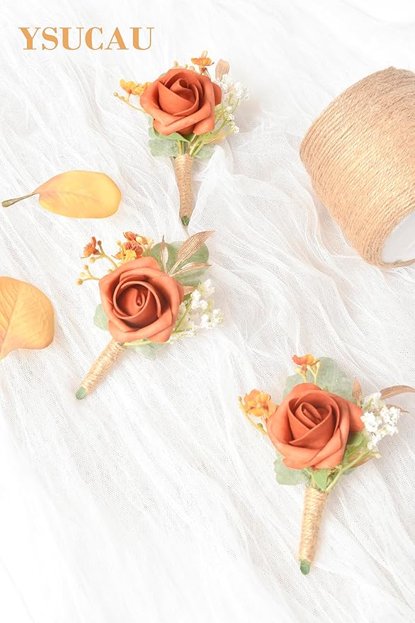 Burnt Orange Boutonnieres for Men Wedding, Set of 10, Groom and Groomsmen Boutonniere for Rustic Fall Vintage Wedding, Prom, Ceremony Formal Dinner Party