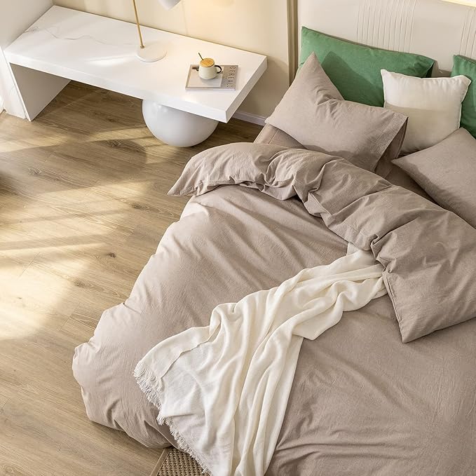 JIYUAN 100% Washed Cotton Duvet Cover Set Comfy Simple Style Soft Breathable Textured Durable Linen Feel Bedding for All Seasons Queen, Taupey