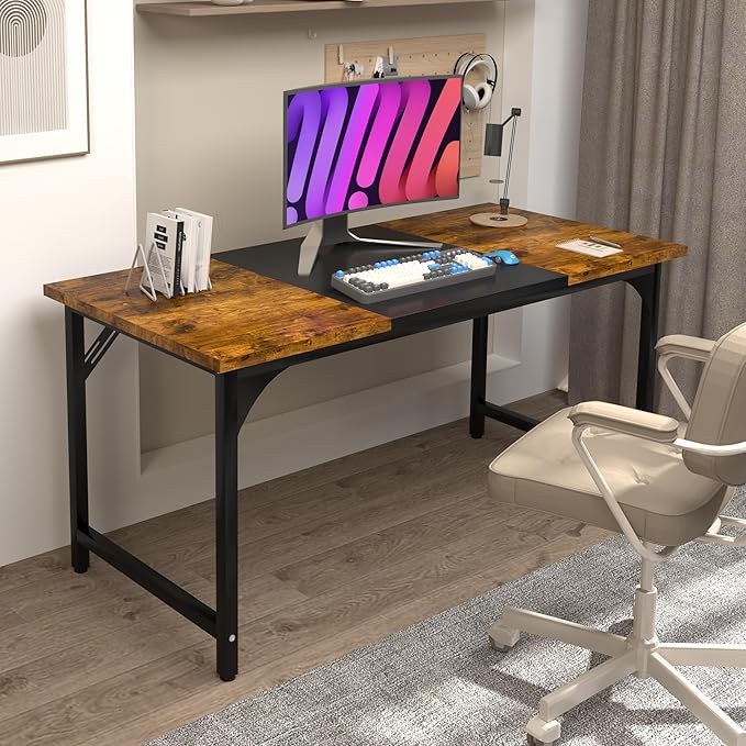 55inch Computer Desk with Deeper Carbon Fiber Desktop, Gaming Office Desk with Sturdy Metal Frame,Home Office Desk for Gaming, Working, Studying, Rustic Brown