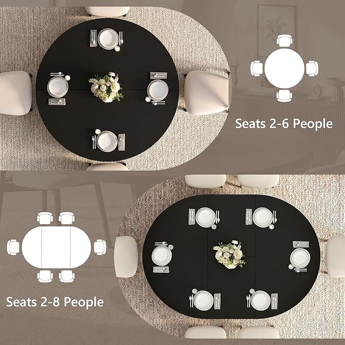 Einhomn 43-59" Extendable Round Dining Table, Kitchen Table for 4-8, Farmhouse Circle Dining Room Table with Removable Leaves,Hidden Storage, Space Saving Wood Kitchen & Dining Room Furniture, Black