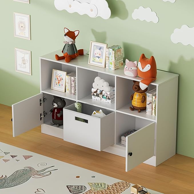 2-Tier Open Bookcase with 2 Doors, 6-Cube Wooden Bookshelf with Fabric Drawer, Floor Standing Display Cabinet Organizer, Kids Open Shelf Low Bookcase for Living Room, Bedroom, Office, White