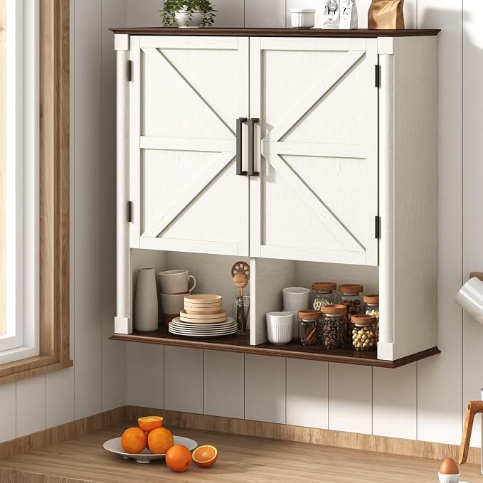 Farmhouse Bathroom Storage Cabinet,Double Wooden Bathroom Wall Cabinet with Roman Column Decor, Farmhouse Medicine Cabinets w Barn Doors,Storage Cabinets Wall Mounted for Kitchen(Rustic White)