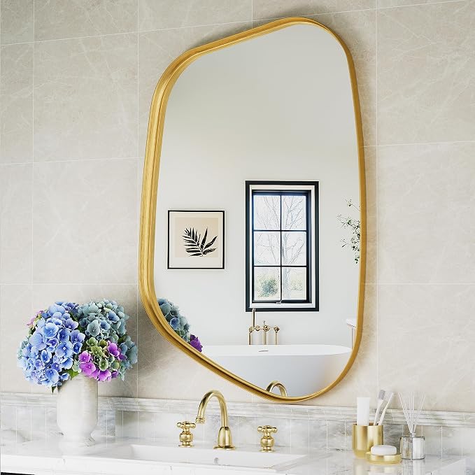 Irregular Wall Mirror 26"x40" Bathroom Mirrors Asymmetrical Artistic Decorative for Living Room Bedroom Bathroom Hallway Entryway,Trapezoid,Gold