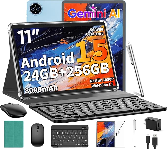 2026 Android 15 Tablet, 11 inch Tablet with Keyboard, 24GB+256GB+2TB Expand, Octa-Core, 8000mAh, Gemini AI Tablets PC with 5G/2.4G WiFi, BT5.0, GPS, 2 in 1 Tablets with Case, Mouse, Stylus(Green)