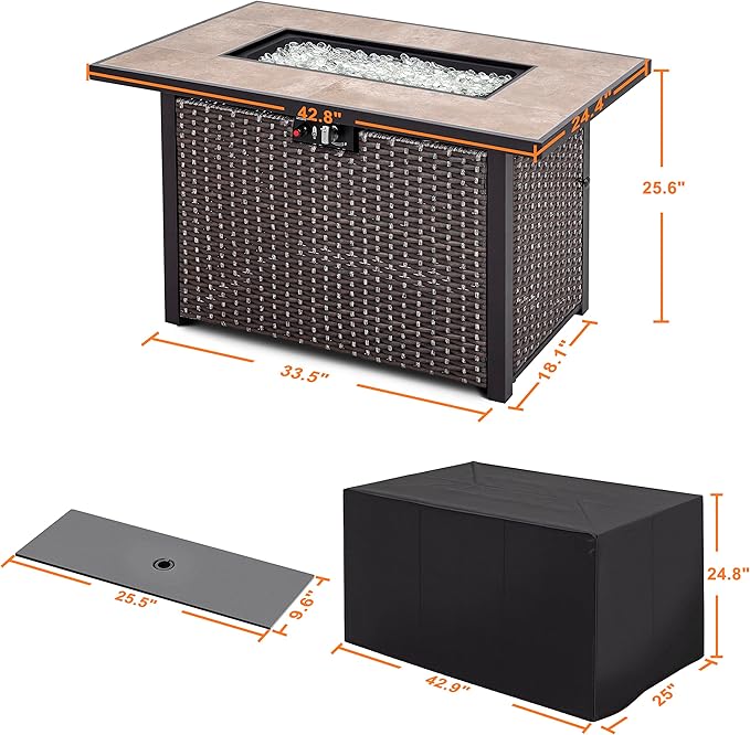 Nuu Garden Propane Fire Pit Table, CSA Certified 43 Inch 50,000 BTU Outdoor Gas Fire Pit Table with Ceramic Tabletop, 7 lbs Glass Stone and Oxford Cover, Dark Brown and Coffee