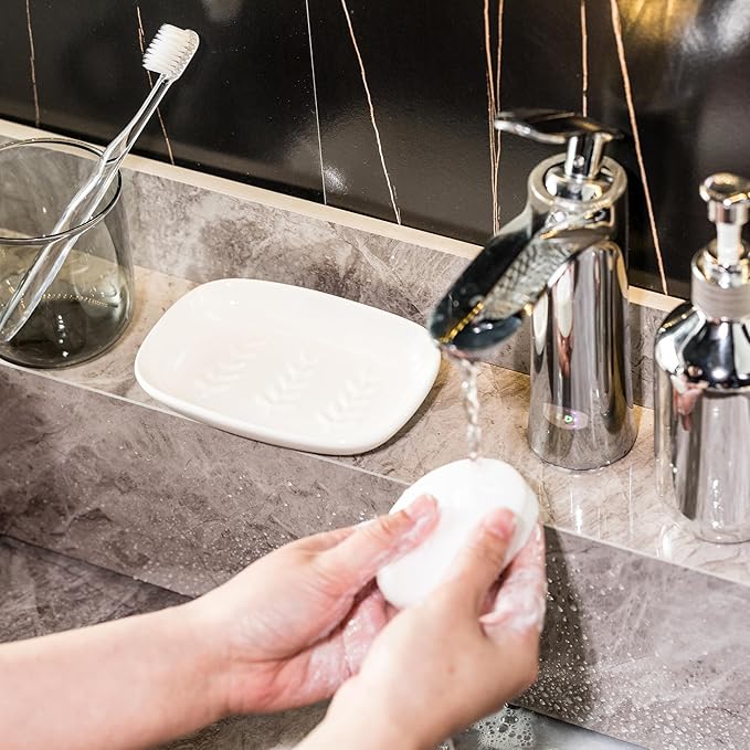 Miamolo Soap Dish Soap Holder Shower, Ceramic Soap Dishes for Bar Soap Sponge, Shower Soap Dish Soap Saver Tray for Bathroom Kitchen Sink, Easy to Clean, White (Pack of 2)