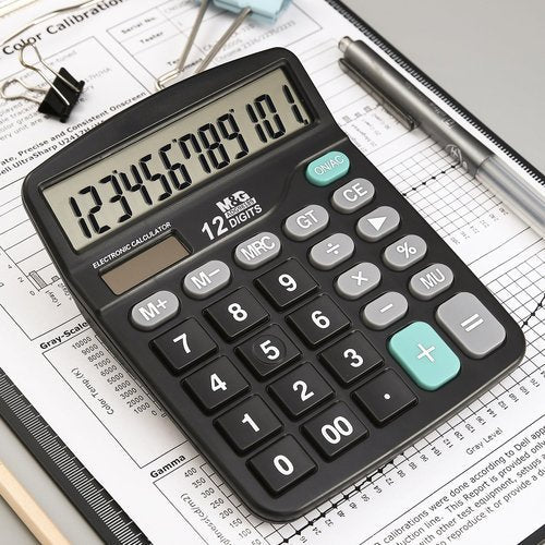 M&G Desk Calculator - 12 Digit Office Calculator with Large LCD Display & Dual Power | Black, Pack of 5