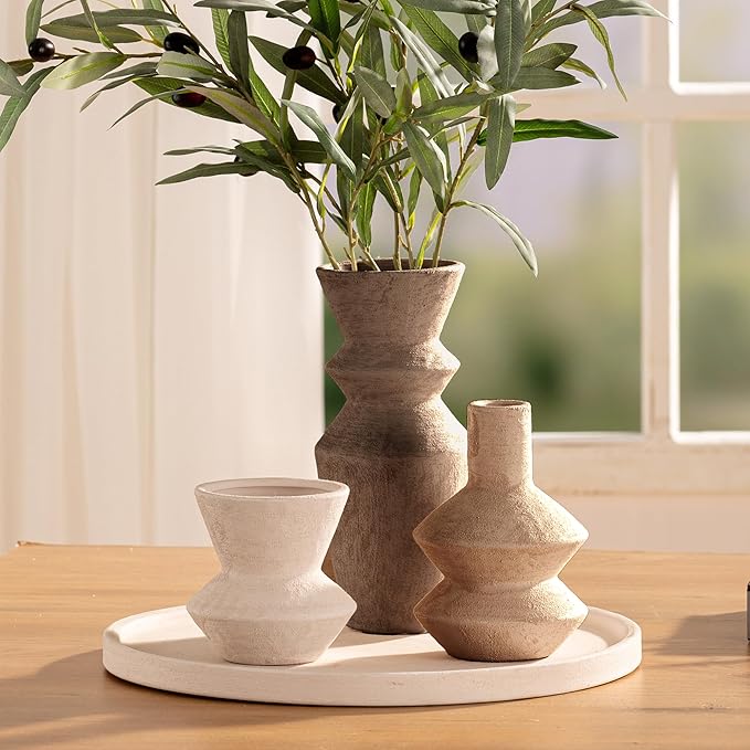 Ceramic Vase Home Table Decor - Flower Vase Set of 3 Living Room Kitchen Decorations Farmhouse Modern Rustic Vases Decorative Centerpiece for Shelf Bedroom Office Bathroom Dining Coffee Desk