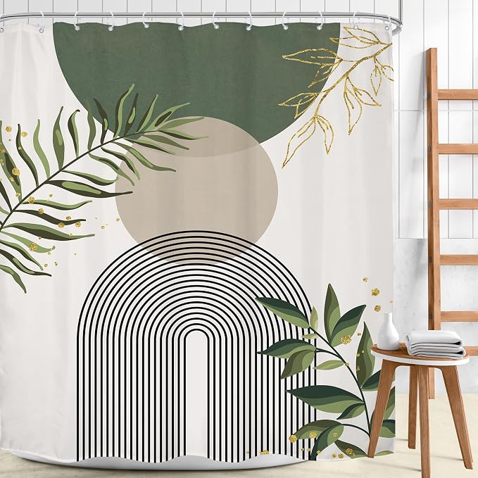 Green Boho Shower Curtain Extra Long Modern Abstract Bohemian Green Gold Minimalist Leaves Mid Century Arch Bathroom Decor Geometric Plant 72Wx84H Bath Curtain Fabric Polyester 12 Pack Hooks