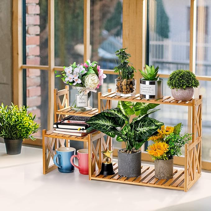 Lawei 2 Tier Bamboo Tabletop Plant Stand, Adjustable Flower Pot Holder Shelf Planter Display Stand, Small Desktop Ladder Plant Rack for Indoor Outdoor Home Patio Lawn Garden Balcony Organizer