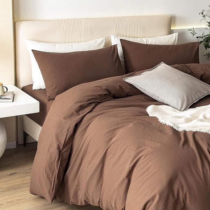 JIYUAN 100% Washed Cotton Duvet Cover Set 3 Pieces Queen, 1 Duvet Cover 90x90 Inches(Comforter Not Included) and 2 Pillowcases,Linen Feel Bedding Set Comfy and Breathable,Chocolate Brown
