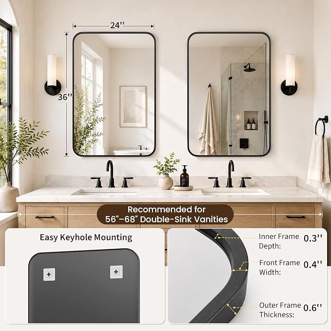 2-Pack 24x36 Inch Matte Black Bathroom Vanity Mirrors | Flush Mount Deep Set Metal Wall Mirror for Over Sink | HD Shatterproof Glass, Rustproof