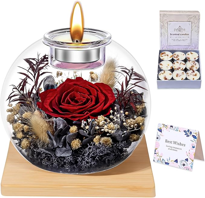 DEEMEI Gifts for Women Birthday Gifts for Women Preserved Real Rose in Glass Dome with Scented Fresh Flowers for Delivery Prime Eternal for Her Mom Grandma Wife Girlfriend Daughter, Red-Grey