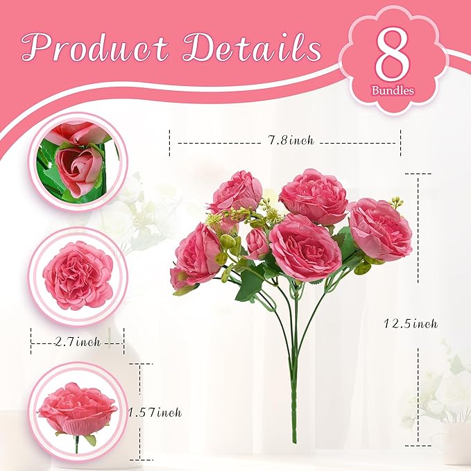 8 Packs Artificial Peonies Silk Flowers: Faux Peony Bouquet 8 Bundles, Fake Peonies Flowers Bulk for Centerpiece Table Wedding Party Home Decor for Christmas Decoration (Rose Red)
