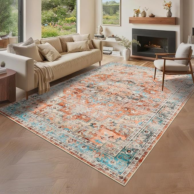 Washable 5x7 Small Area Rug Boho Vintage Medal Print Carpet Non Slip Office Rugs Low Pile Soft Bedroom Carpet Non Shedding Kids Nursery Floor Mats for Kitchen Dining Living Room Brick Red