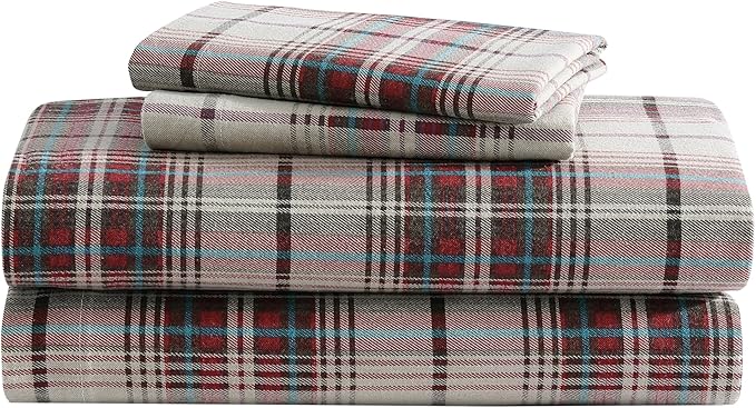 Eddie Bauer - Flannel Sheets Queen Size, Anti-Pilling & Wrinkle Resistant Cotton, Touchably Soft for All-Season Comfort - Bed Sheets with Matching Pillowcases & Fitted Sheet (Montlake Plaid Red)