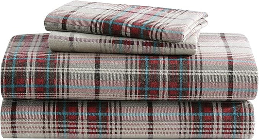 Eddie Bauer - Flannel Sheets Full Size, Anti-Pilling & Wrinkle Resistant Cotton, Touchably Soft for All-Season Comfort - Bed Sheets with Matching Pillowcases & Fitted Sheet (Montlake Plaid Red)