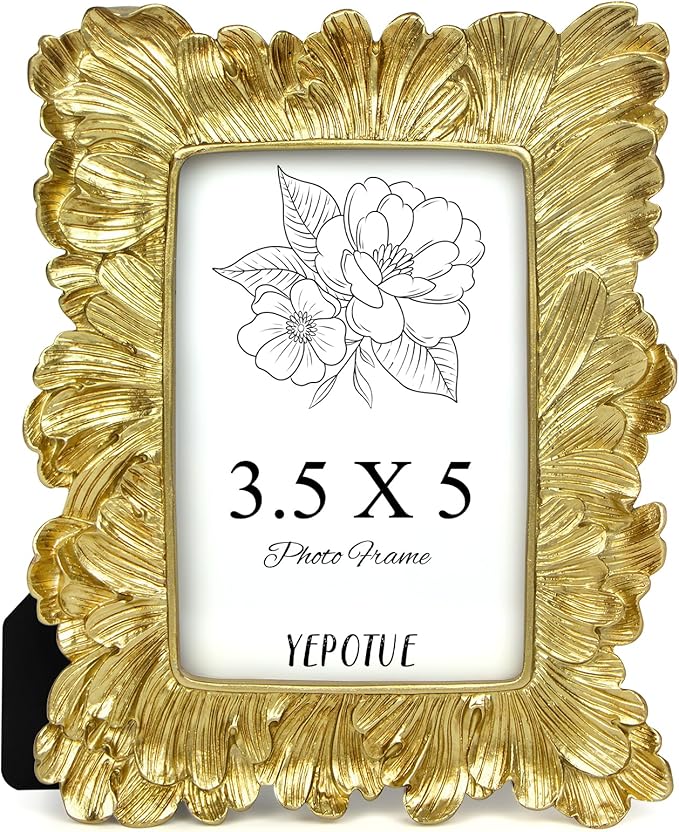 3.5x5 Vintage Picture Frame Gold, Ornate Leaves Photo Frame with Glass Front, Elegant Picture Frame for Wall or Tabletop Display, Gift ldeas for Home Decor