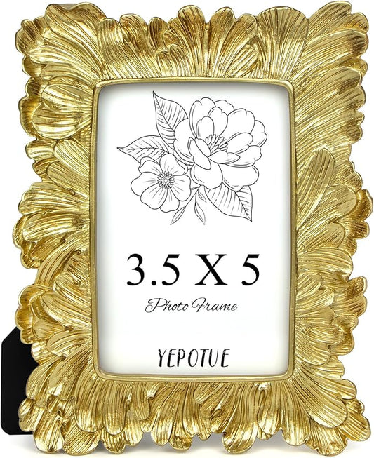 3.5x5 Vintage Picture Frame Gold, Ornate Leaves Photo Frame with Glass Front, Elegant Picture Frame for Wall or Tabletop Display, Gift ldeas for Home Decor