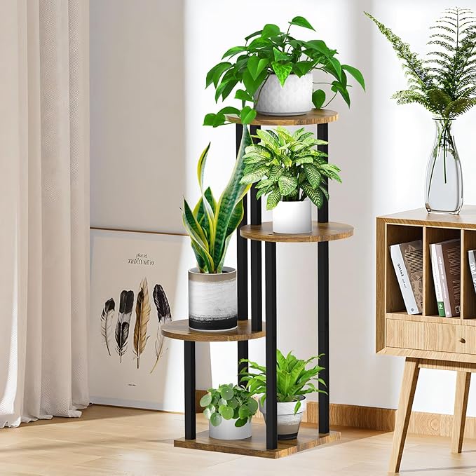 4 Tier Wood Tall Plant Stand Metal Rack Indoor, Multiple Flower Pot Holder Shelves Corner Rack, Round Planter Shelf Display Rack Storage Organizer for Patio Living Room Balcony(Black+Brown)