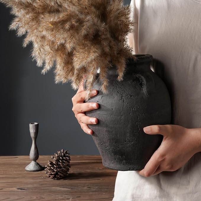 Handmade Black Ceramic Vases 9.5” Matte Antique Decorative Vase with 3-Ear Design Modern Rustic Home Decor for Living Room, Shelf, Table, Entryway – Jarrones Decorativos para Sala