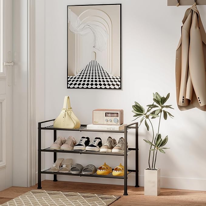 DongRong 3 Tier Shoe Rack for Closet,Adjustable Metal Shoe Storage Organizer Utility Shelf for Entryway, Dorm Room,Bedroom,Heavy Duty Shelf (Black, 3 Tier)