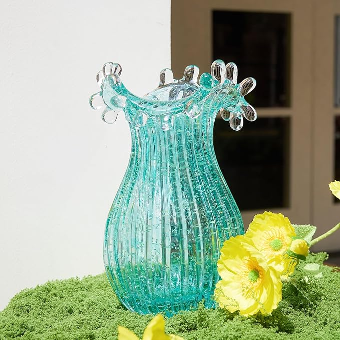 QFkris Hand Blown Glass Luminous Vase for Flowers 8" Teal Crystal Bubble Vases for Bouquet Home Decor Decorative Centerpieces Unique Gift for Christmas Valentines Day Birthday Housewarming Mothers Day