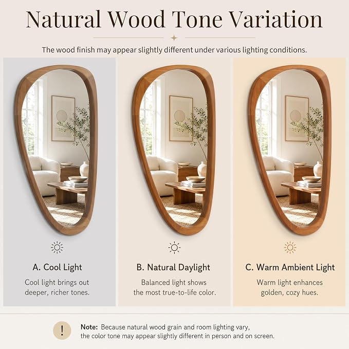 Solid Wood 48"x24" Large Aesthetic Wabi-Sabi Statement Mirror, Warm Walnut Full Length Irregular Mirror, Modern Organic Asymmetrical Wooden Wall-Mounted Mirror, Honey Walnut