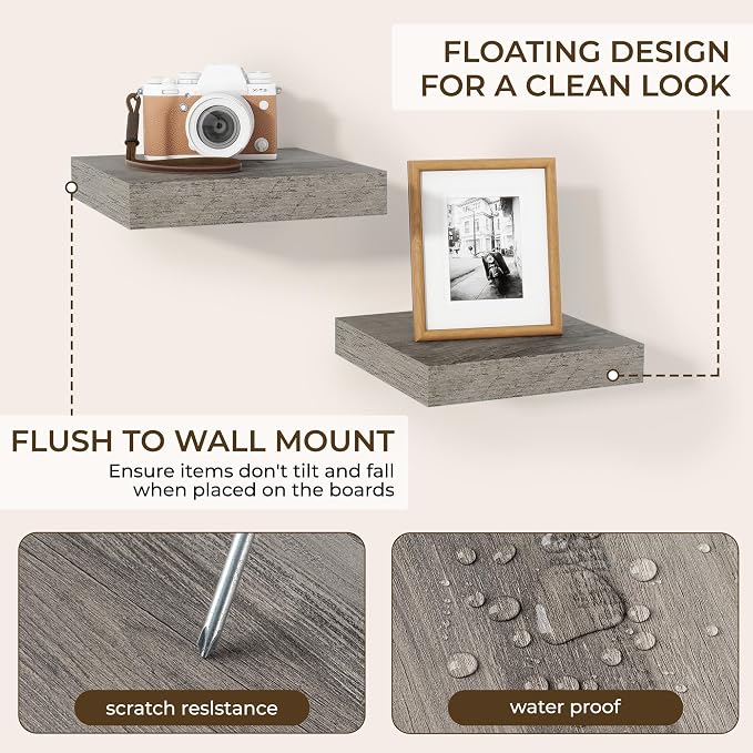 RICHFOCUS 8 Inch Floating Shelves for Wall Small Square Shelves Set for Bedroom|Kitchen|Bathroom|Laundry Room Rustic Wood Wall Mounted Shelf with Invisible Brackets for Books|Storage|Decor, Grey
