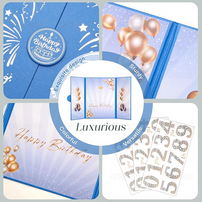 Blue Gold Birthday Party Decorations,18" x 12" Creative Birthday Decorations Guest Sign in Book Alternative,Birthday Gift for Men and Women of All Ages, Happy Birthday Party Supplies