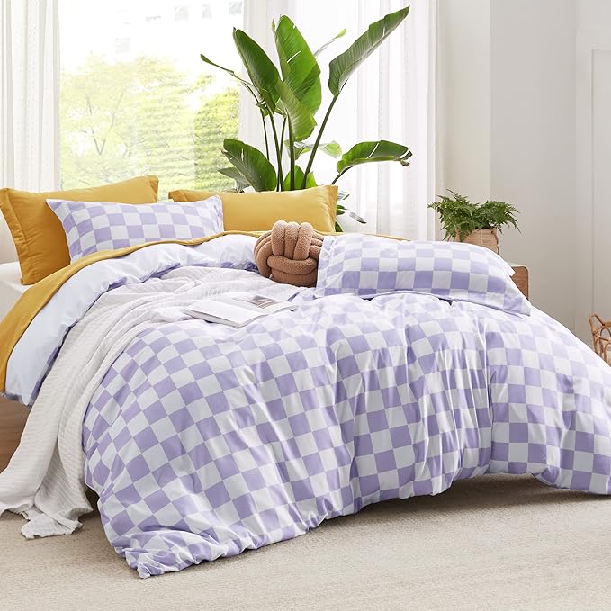 Bedsure Duvet Cover Queen Size - Reversible Checkered Duvet Cover Set with Zipper Closure, 3 Pieces Purple Bedding Set with 8 Corner Ties and 2 Pillow Shams 20"x26"
