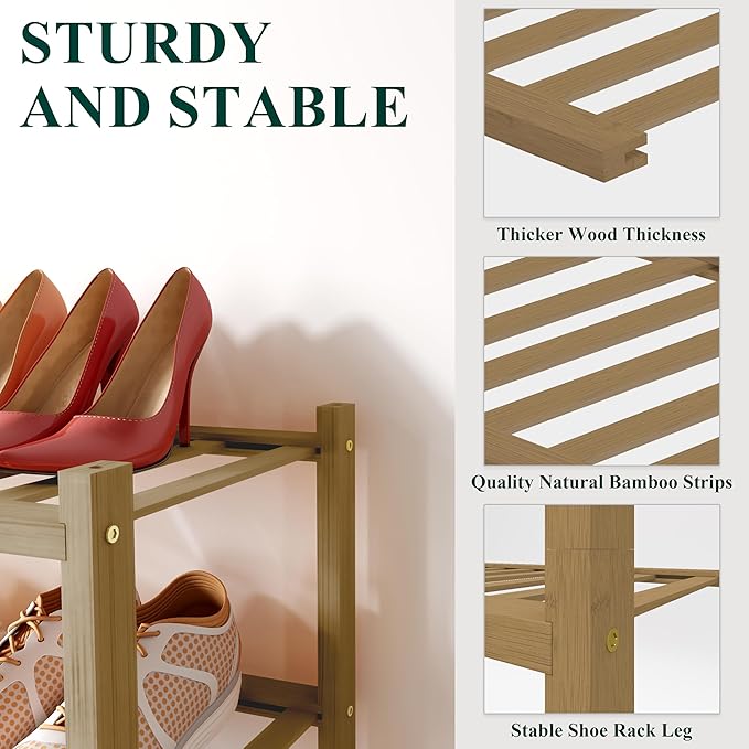 Smiry Bamboo Shoe Rack for Closet, 3 Tier Wooden Stackable Shoe Organizer, Free Standing Shoes Storage Shelf for Entryway, Front Door Entrance, Walnut