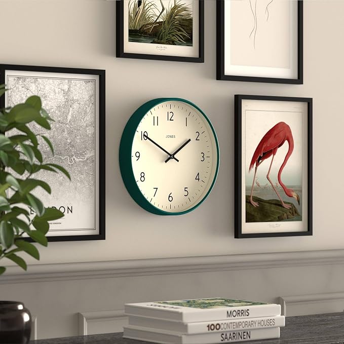 JONES CLOCKS® Studio wall Clock | Modern Round Style | 12 inch | Dark Green | Easy to Read Numbers | Versatile Design for Kitchen, Living Room or Office