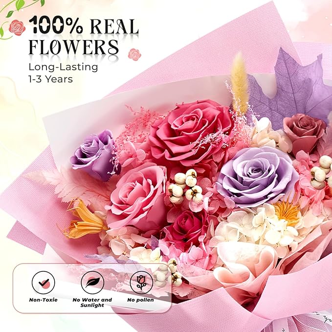Preserved Flowers Roses Bouquet with Vases Real Pink Flowers for Delivery Prime, Forever Glitter Rose Bouquets Kit,Handmade Flowers Eternal Rosas,Gifts for Graduation Mom Women Birthday(Pink)