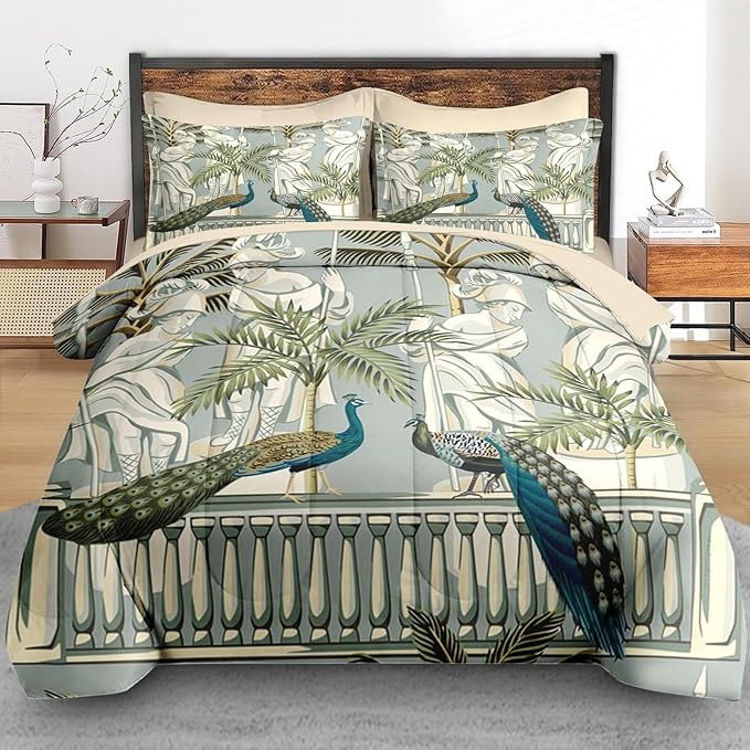 Comforter Set Queen Size, Peacock Bird Animal 7 Pcs Bedding for Kids and Adults, Floral Botanical Grey Green Bed Sheet Sets with Fitted Sheet 2 Pillowcase & 2 Sham for Bedroom Bed Decor