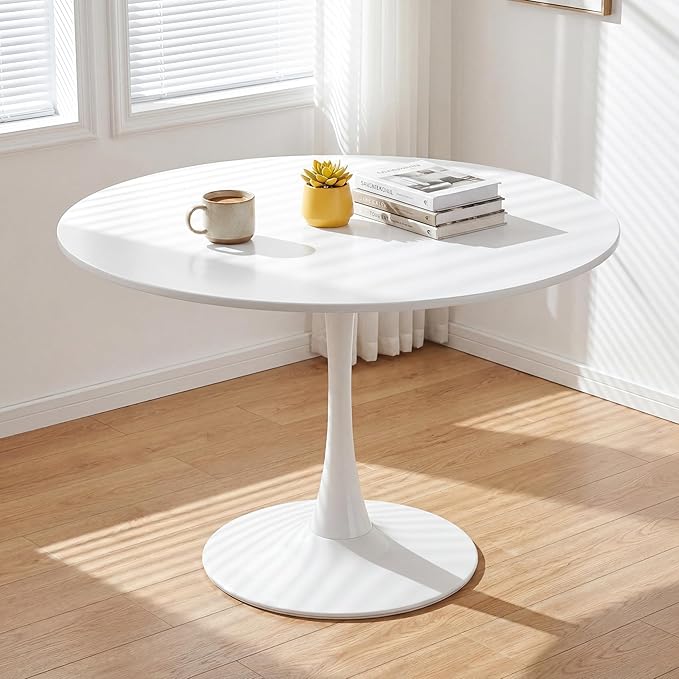 42" Tulip Table for 4-6 Persons Modern Round Dining Room Table, Mid-Century Modern White Small Kitchen Table with MDF Wooden Top, Leisure Coffee Table for Living Room, Dining Room, Office