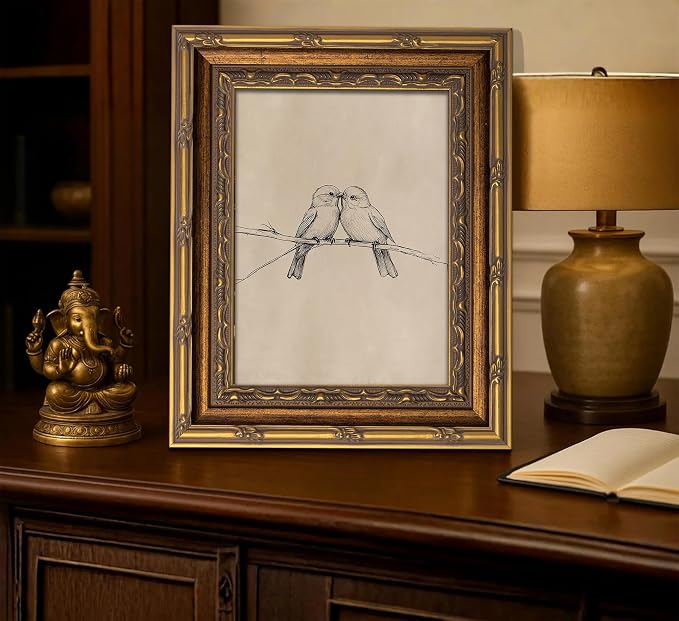 Vintage Gold Framed Bird Canvas Wall Art Two Birds Sketch Wall Decor Vintage Farmhouse Sketch Animals Artwork Retro Birds Painting Retro Rustic Print for Farmhouse Bedroom Living Room 12X16in