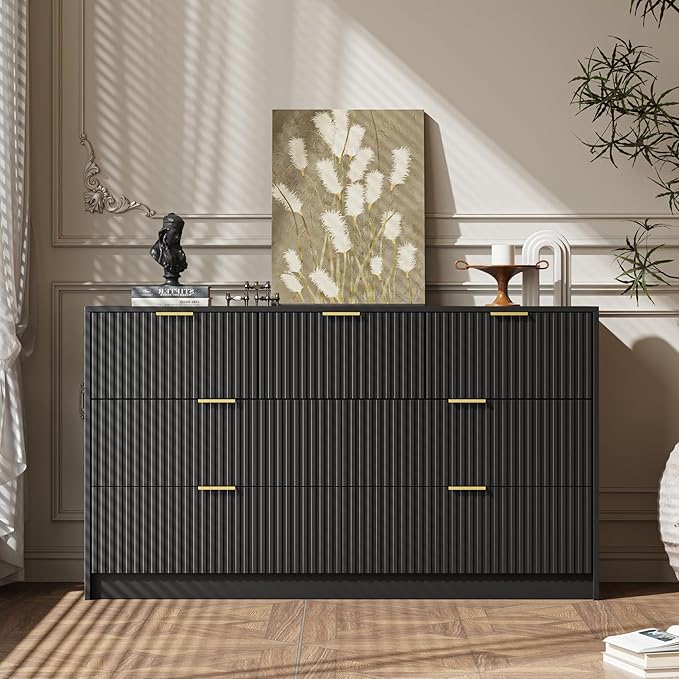 3-Piece Dresser Bedroom Set, 7 Drawer Dresser & 3 Drawer Nightstands with Gold Handles, Fluted Wood Chest of Drawers for Bedroom, Living Room, Entryway, Black