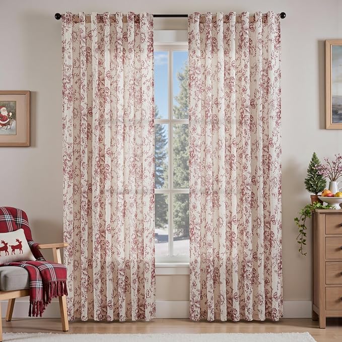 jinchan Linen Blend Curtain Floral Curtains for Living Room 90 Inch Length Christmas Brick Red Printed Curtain Rod Pocket Back Tab Farmhouse Peony Flower Patterned Drapes Window Curtains Set 2 Panels