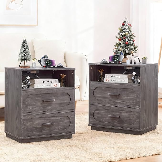 Grey Nightstand Set of 2 with Charging Station, End Table with 2 Drawers Storage, Space-Saving Wood Storage Cabinet with Unique Base Design, Bedside Table for Bedroom, Living Room
