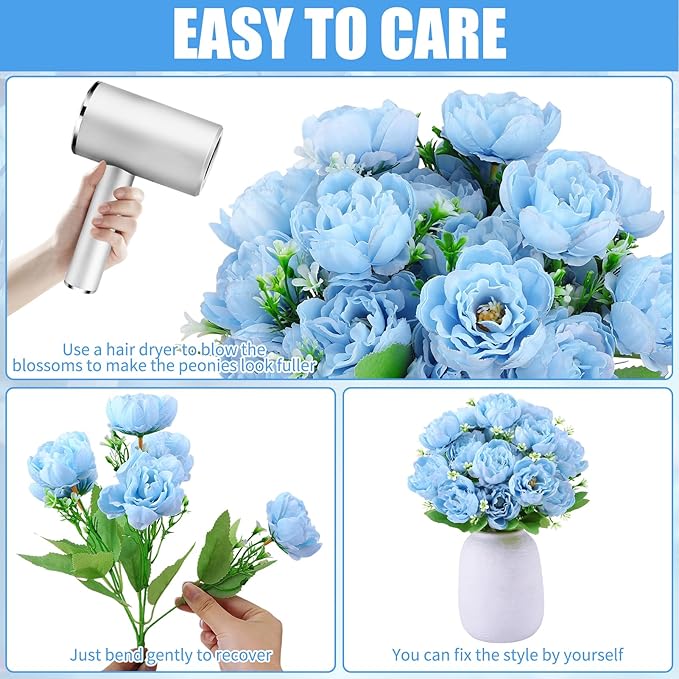8 Pack Blue Peonies Artificial Flowers, Fake Silk Hydrangea Bouquet for Bridal Wedding Home Table Decor Reusable Dining Opening Ceremony Birthday Arrangement Faux Floral