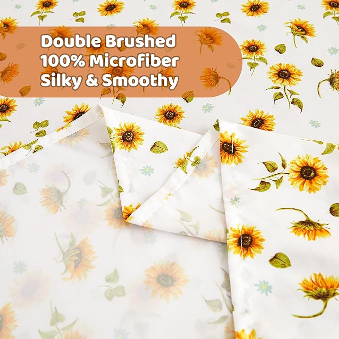 Softan Floral Twin Size Sheet Set, Sunflower Printed Bed Sheets for Kids Girls, 3-Piece Microfiber Fitted Sheet with 15" Deep Pocket & Non-Slip Straps, Patterned Bedding Sheets & Pillowcase Set