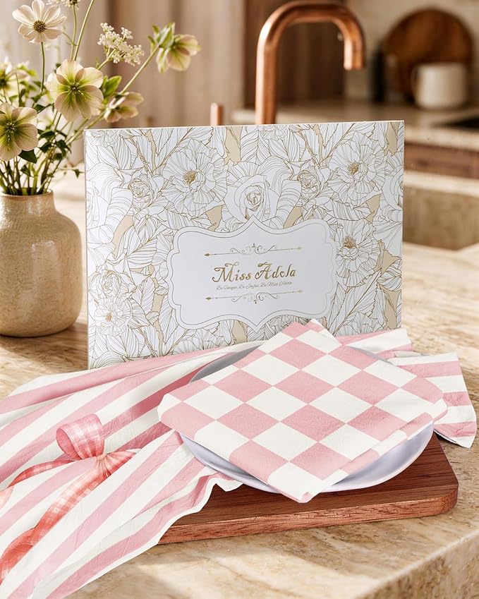 Miss Adola 2 Pack Flour Sack Kitchen Towels - 16x26 Inch Cotton Dish Towels with Hanging Loop Reusable Geometric Cute Modern Retro Tea Towel Absorbent Dishcloths Home Decor, Pink Bow