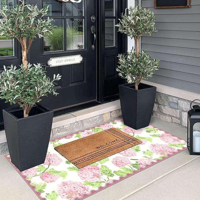 Front Door Mat Indoor Entrance - 2x4.3 Ft Spring Washable Layered Doormat Outdoor Entrance Porch Rug Non-Slip Pink White Floral Scalloped Runner Rug for Kitchen Bedroom Mudroom Porch Decor